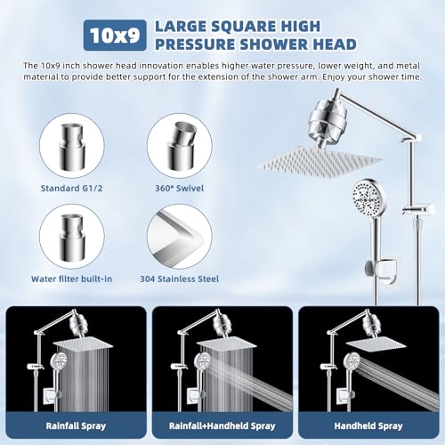 iFealClear Metal Rain Filtered Shower Head, 10” High Pressure Rainfall Shower Head with Handheld Spray, 10-Mode Handheld Powerful Wash, 16" Adjustable Extension Arm, 2 Pack Shower Filters, Chrome - Image 2
