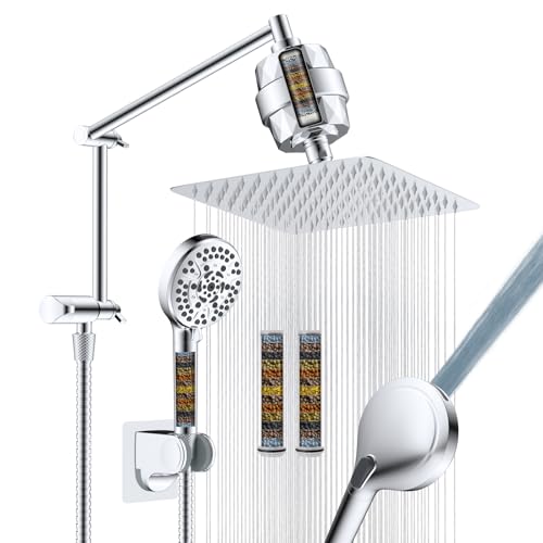 iFealClear Metal Rain Filtered Shower Head, 10” High Pressure Rainfall Shower Head with Handheld Spray, 10-Mode Handheld Powerful Wash, 16" Adjustable Extension Arm, 2 Pack Shower Filters, Chrome - Image 1