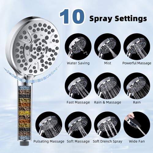 iFealClear Metal Rain Filtered Shower Head, 10” High Pressure Rainfall Shower Head with Handheld Spray, 10-Mode Handheld Powerful Wash, 16" Adjustable Extension Arm, 2 Pack Shower Filters, Chrome - Image 4