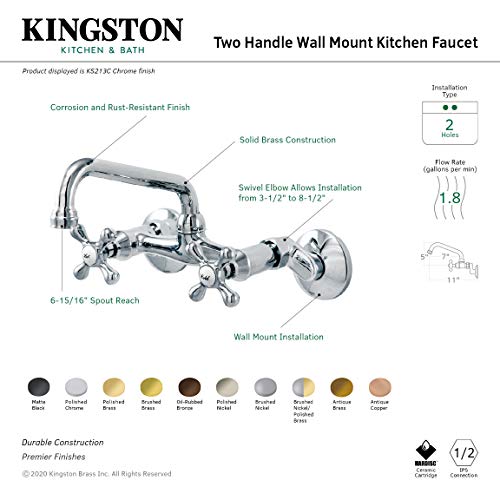 Kingston Brass KS213C Kingston Adjustable Center Wall Mount Kitchen Faucet  7""  Polished Chrome - Image 3