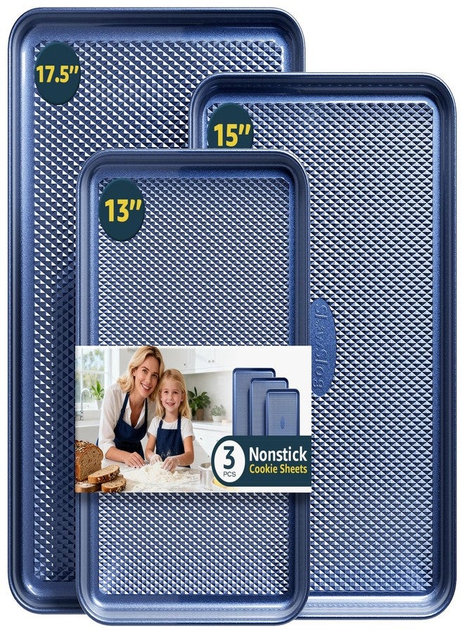 Slow Slog 3Pcs Nonstick Baking Sheet, Baking Sheet Pan Set, Jelly Roll Pans, Cookies Sheet for Baking, Cookie Sheet Pan with Diamond Texture, Blue - Image 1