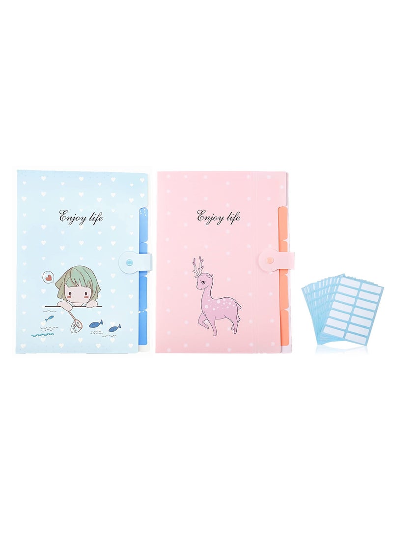 Folders, A4 Size 5 Pockets Cute Cartoon Pattern Plastic Expanding File Folders with 12sheets/168pcs Self-Adhesive Labels (2 Packs Blue+Pink) - Image 1