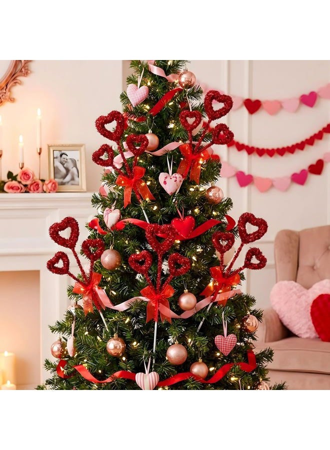 Solsew 6 Pcs Christmas Heart Tree Picks 14'' Large Valentine's Day Tree Decorations Glitter Tinsel Heart Picks Ornaments for Galentines Home Wedding Party Decor Crafts Supplies(Red) - Image 1
