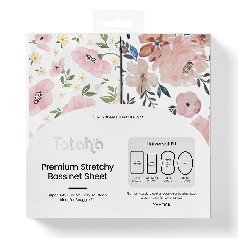 TotAha Premium Stretchy Bassinet Sheets for Baby Girl, Silky Comfort Cradle Sheets Fitted 18 x 36 for Oval, Rectangular, Hourglass Mattress, Hypoallergenic, Buttery Soft 2-Pack (Floral & Pale Pink) - Image 1