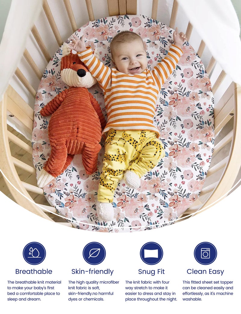 TotAha Premium Stretchy Bassinet Sheets for Baby Girl, Silky Comfort Cradle Sheets Fitted 18 x 36 for Oval, Rectangular, Hourglass Mattress, Hypoallergenic, Buttery Soft 2-Pack (Floral & Pale Pink) - Image 2