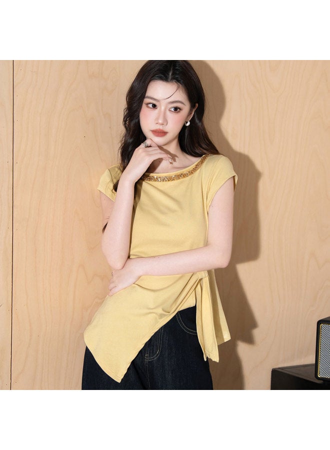 Jeanswest Sweet And Gentle Sequin-design Asymmetrical Short-sleeve T-shirt Slim Fit Comfortable Flattering Side Slit Top - Image 4