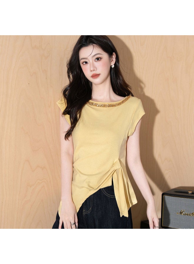 Jeanswest Sweet And Gentle Sequin-design Asymmetrical Short-sleeve T-shirt Slim Fit Comfortable Flattering Side Slit Top - Image 2