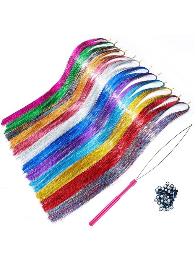 BQSAR Hair Tinsel Kit Strands With Tool 47 Inch 12 Colors 2100 Strands Fairy Hair Tinsel Kit Hair Extensions Sparkling Glitter Shiny Silk Tinsel for Women Girls Hair for Christmas Decorations (12 colors) - Image 3
