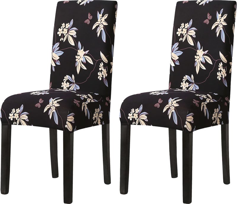House of Quirk Polyester Spandex Printed Chair Cover Stretch Removable Washable Short Dining Chair Cover Protector Seat Slipcover (Black Flower, Pack of 2) - Image 1
