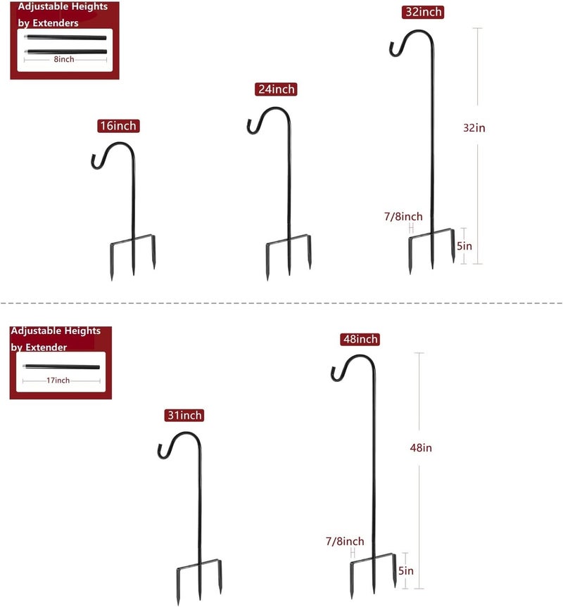 EXCMARK Shepherd Hook Adjustable Height 32/24/16’’ 1/2 inch Thick Use at Weddings, Hanging Solar Lights, Lanterns, Bird Feeders, Metal Hanger Hook (Black,32inch). U.S. Patent. - Image 1