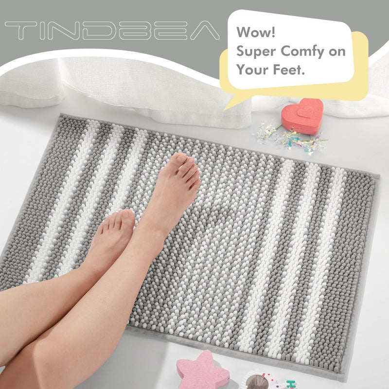 Tindbea Bathroom Rugs Set 2 Piece, Extra Soft and Absorbent Fluffy Striped Chenille Bath Mat Rug Set, Non Slip Bathroom Floor Mat, Machine Washable (20" x 32" Plus 16" x 24", Gray) - Image 5