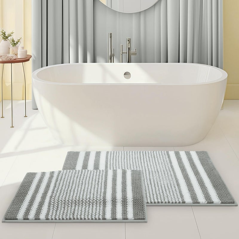 Tindbea Bathroom Rugs Set 2 Piece, Extra Soft and Absorbent Fluffy Striped Chenille Bath Mat Rug Set, Non Slip Bathroom Floor Mat, Machine Washable (20" x 32" Plus 16" x 24", Gray) - Image 1