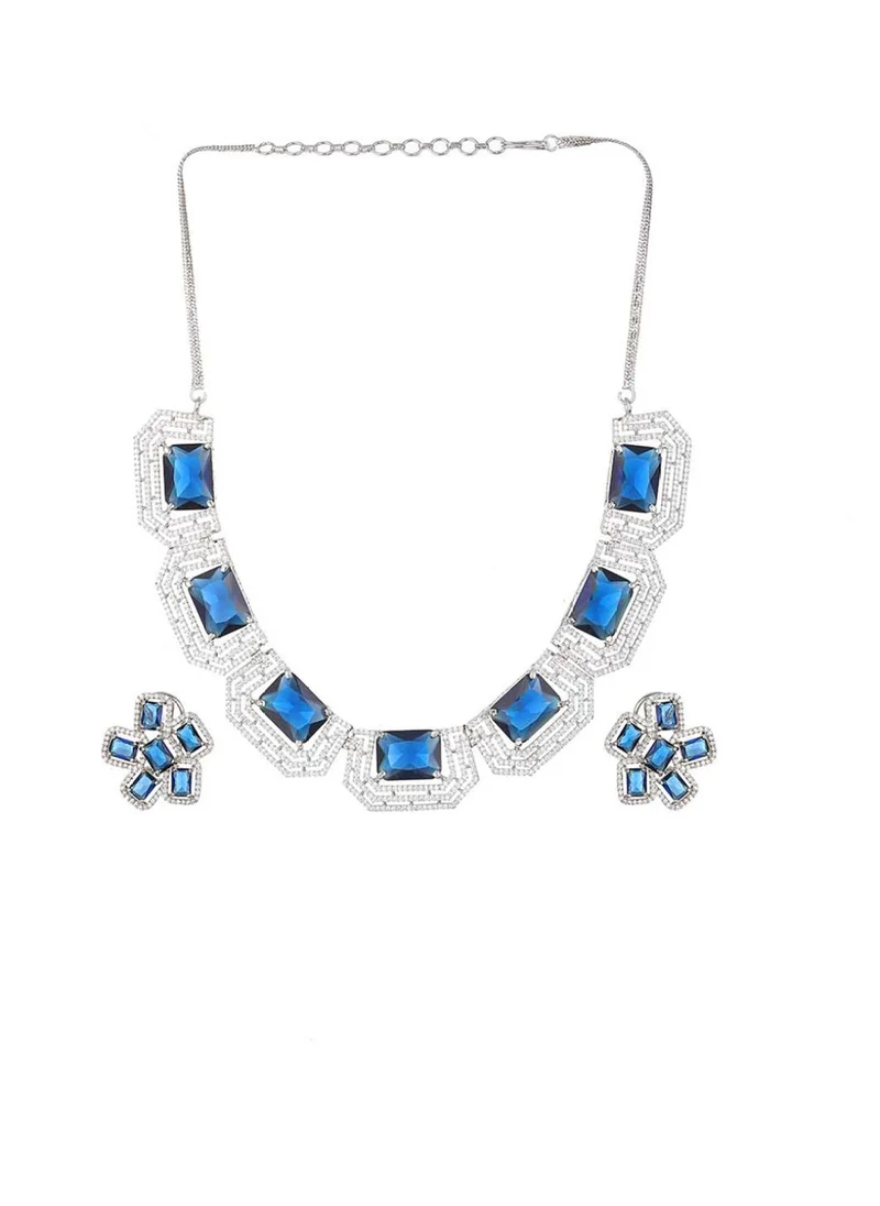 برياسي Block Flower American Diamond Studded Necklace Jewellery Set