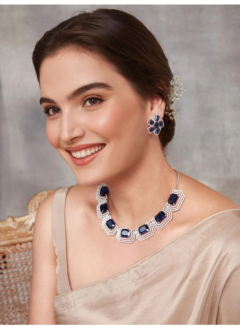 برياسي Block Flower American Diamond Studded Necklace Jewellery Set