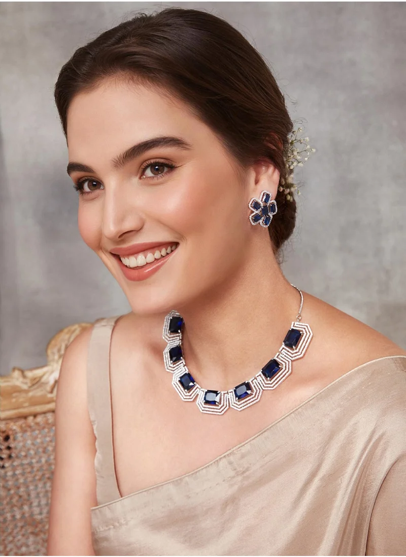 برياسي Block Flower American Diamond Studded Necklace Jewellery Set