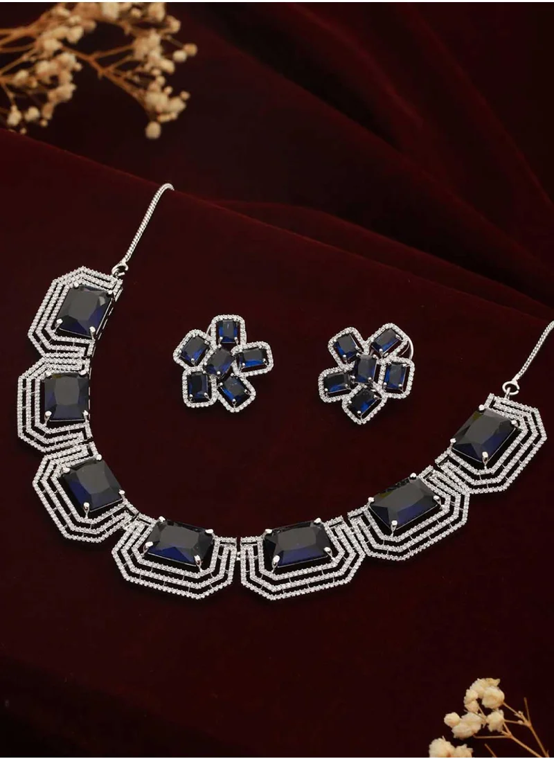 برياسي Block Flower American Diamond Studded Necklace Jewellery Set