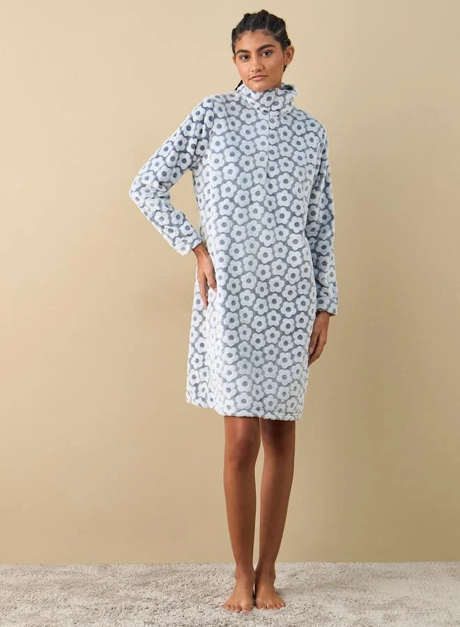 سبلاش فيڤ قميص نوم بارز الملمس بأكمام طويلة ونصف سحّاب إغلاق