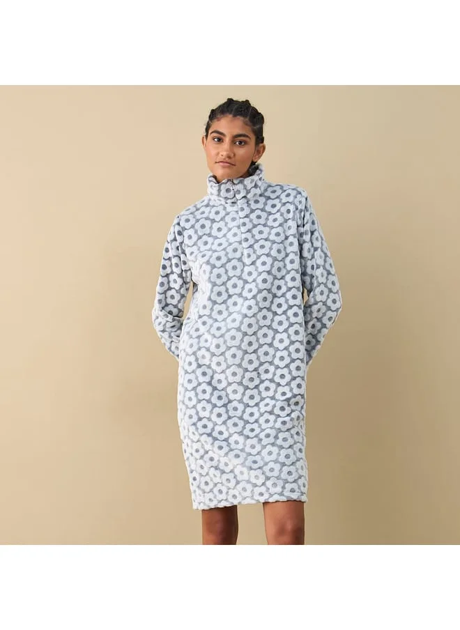 FAV Textured Long Sleeves Sleepshirt with Half Zip Closure