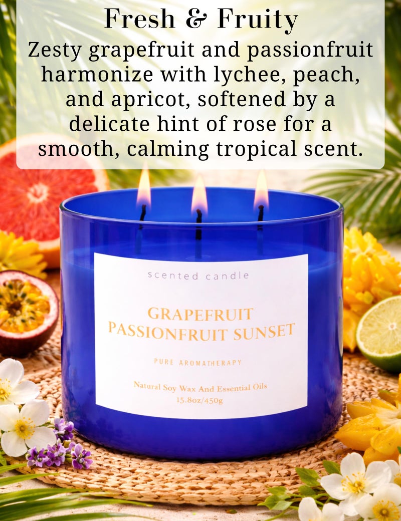 T&H Grapefruit Passionfruit Sunset Scented Candle - Large 3-Wick Aromatherapy Soy Candle for Home, 15.8oz - Fresh Tropical Citrus Stress Relief Candle - Relaxation Gift for Women & Men - Image 2