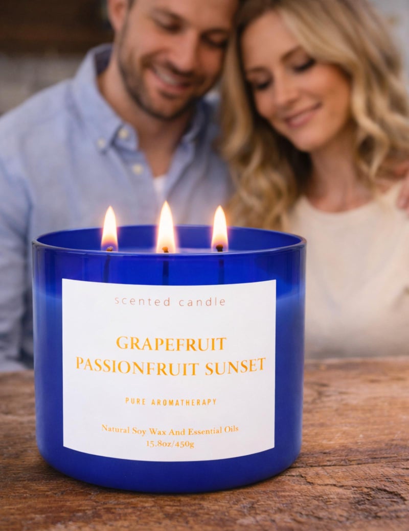 T&H Grapefruit Passionfruit Sunset Scented Candle - Large 3-Wick Aromatherapy Soy Candle for Home, 15.8oz - Fresh Tropical Citrus Stress Relief Candle - Relaxation Gift for Women & Men - Image 3