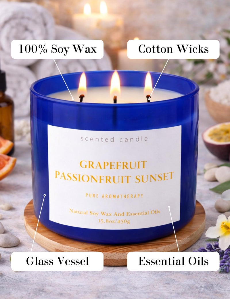 T&H Grapefruit Passionfruit Sunset Scented Candle - Large 3-Wick Aromatherapy Soy Candle for Home, 15.8oz - Fresh Tropical Citrus Stress Relief Candle - Relaxation Gift for Women & Men - Image 5