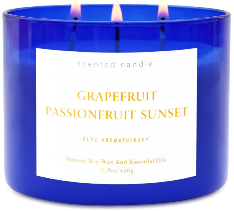 T&H Grapefruit Passionfruit Sunset Scented Candle - Large 3-Wick Aromatherapy Soy Candle for Home, 15.8oz - Fresh Tropical Citrus Stress Relief Candle - Relaxation Gift for Women & Men - Image 1
