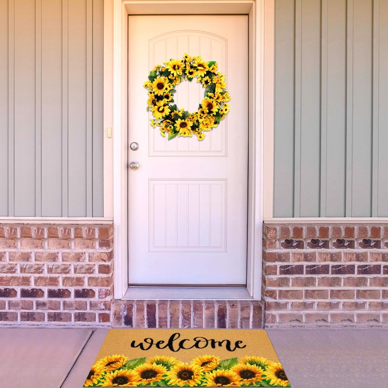 Tingjoo 2 Pcs Sunflower Natural Coir Doormat Fall Wreath and Door Mat 17 x 29 Inch Sunflower Welcome Mat and Front Door Wreath for Home Entryway Outdoor Patio Porch Garden - Image 2