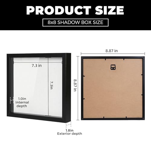 Muzilife 8x8 Shadow Box Picture Frame with Linen Board - Deep Wood & Glass Display Case Ready to Hang Memory Box Baby Sports Memorabilia, Pins, Awards, Medals, Wedding, Tickets and Photos (Black) - Image 3