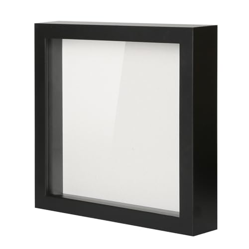 Muzilife 8x8 Shadow Box Picture Frame with Linen Board - Deep Wood & Glass Display Case Ready to Hang Memory Box Baby Sports Memorabilia, Pins, Awards, Medals, Wedding, Tickets and Photos (Black) - Image 1
