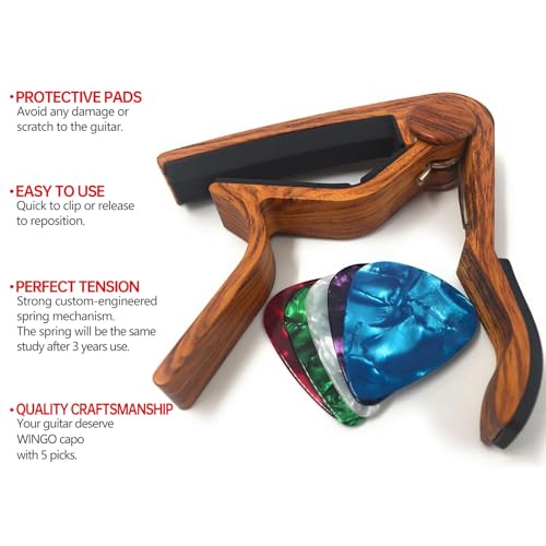 WINGO Guitar Capo for 6-String Acoustic Electric Guitars, Quick Change for Ukulele Banjo Mandolin Bass with 5 Free Picks, Rosewood - Image 3