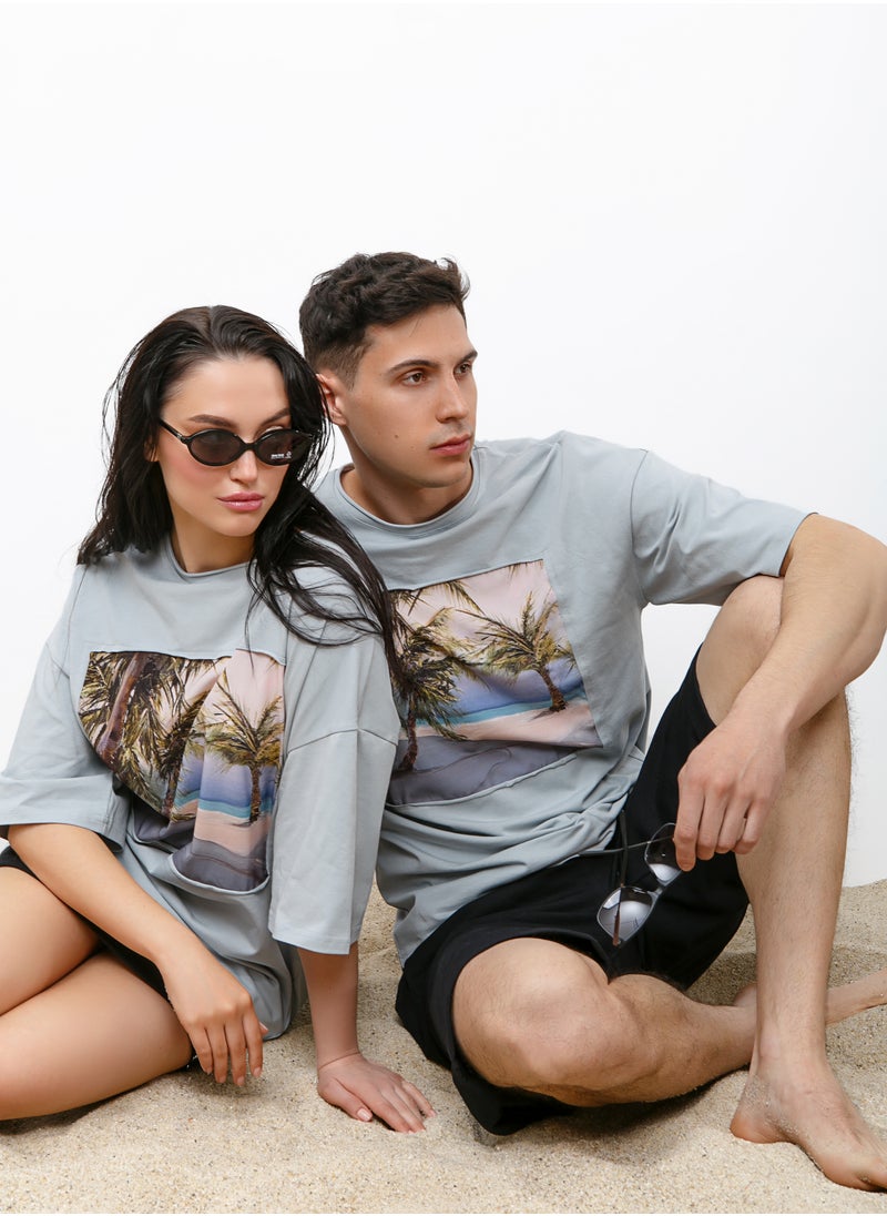 Artograph Unisex oversize premium cotton grey T-shirt with artist unique painting Beach  - Image 3