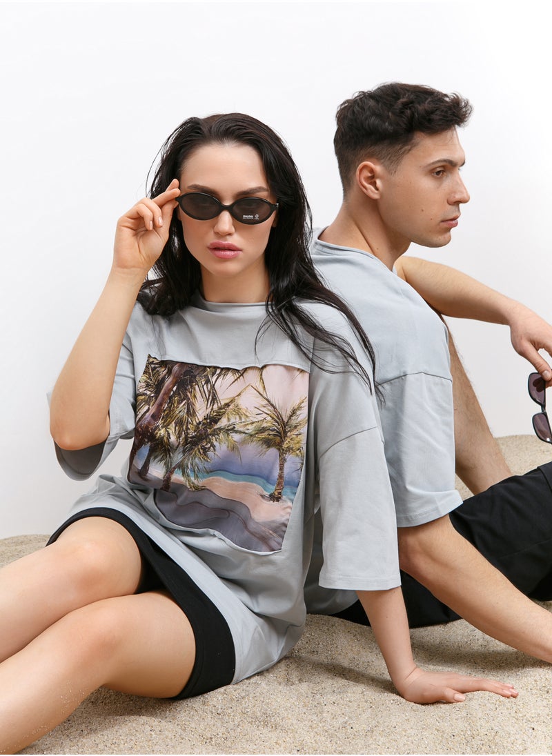 Artograph Unisex oversize premium cotton grey T-shirt with artist unique painting Beach  - Image 1