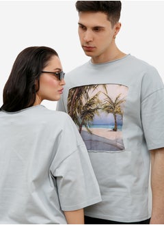 Artograph Unisex oversize premium cotton grey T-shirt with artist unique painting Beach  - Image 2