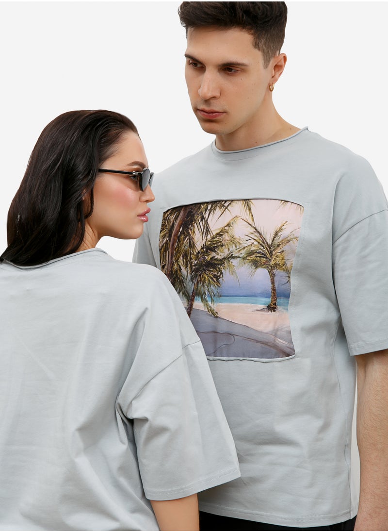 Artograph Unisex oversize premium cotton grey T-shirt with artist unique painting Beach  - Image 2