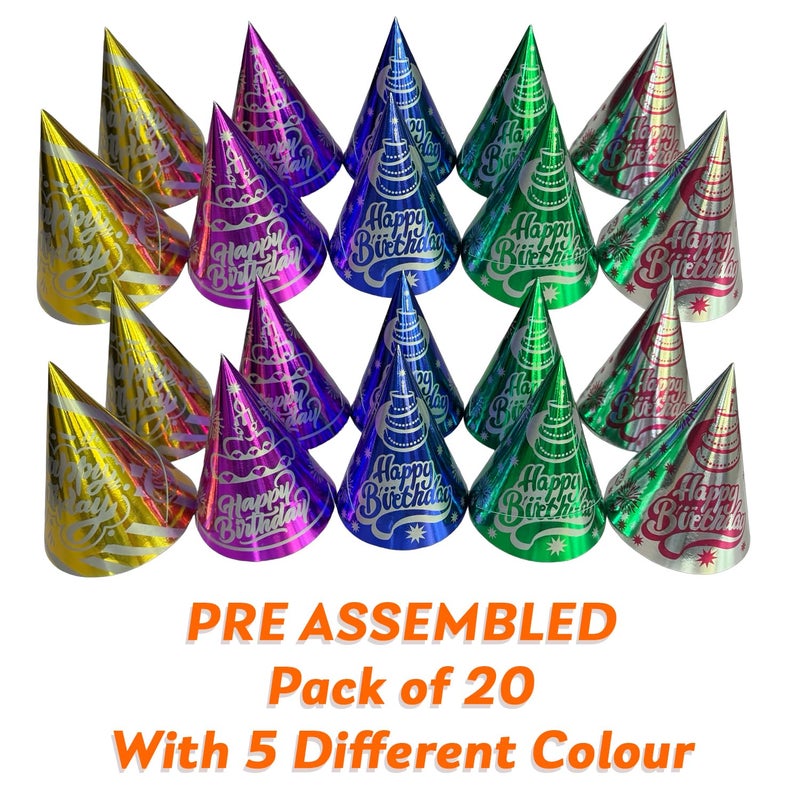 TRIACE Party Hats Pack of 20. 5 Different Colour with metallic effect. PRE ASSEMBLED. Perfect for Birthday Parties. - Image 2