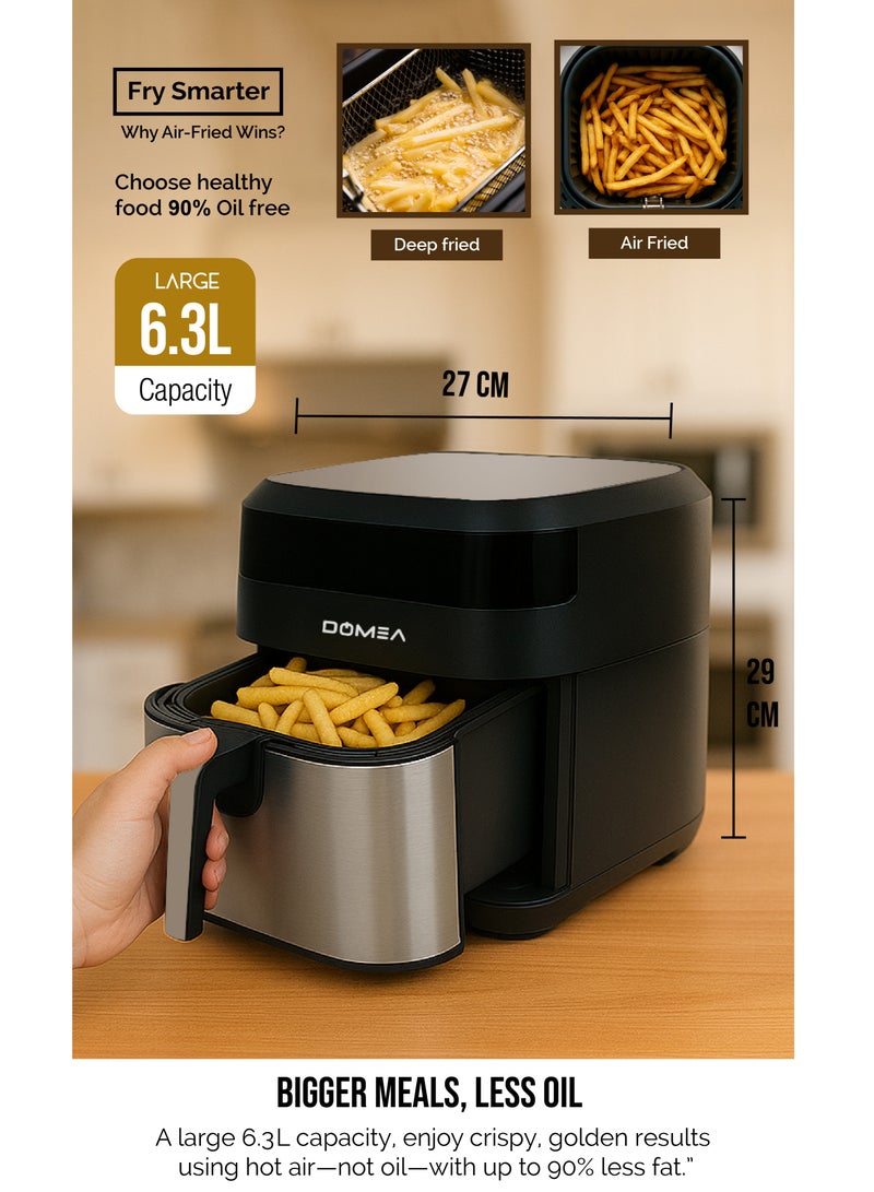 DOMEA Air Fryer 6.3 Liter Capacity, 1700 W, Digital Touch Control, Adjustable Temperature (80-200°C) & 60 Minutes Timer, 10 Presets, Non Stick For Oil Free Cooking, Family-Sized Capacity, Black - Image 3