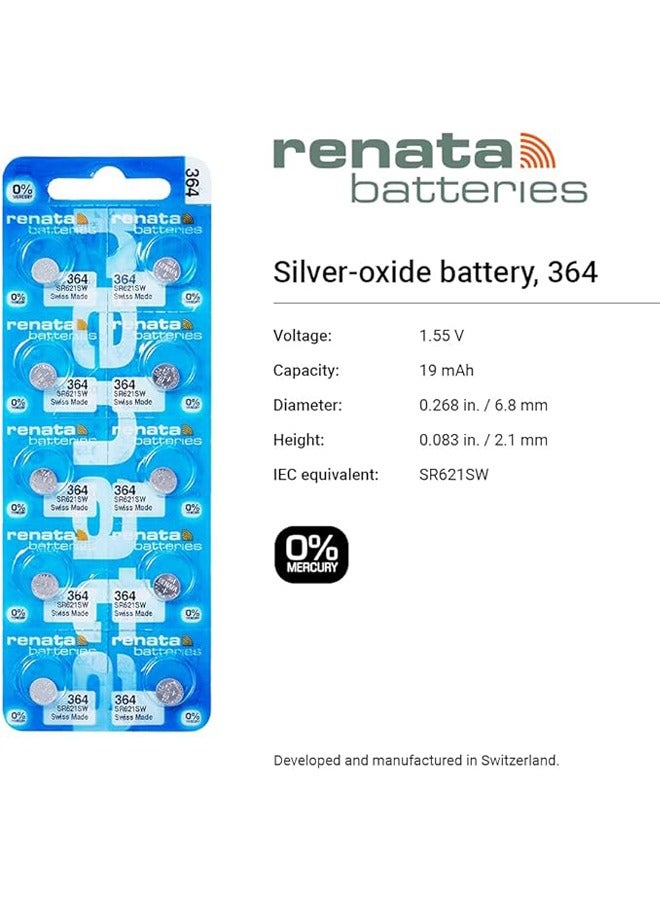 Renata wristwatch battery - Swiss made, 1.55V button cell, Renata Long Life Battery, Strap (10 pcs) 364-3, SR621SW - Image 2