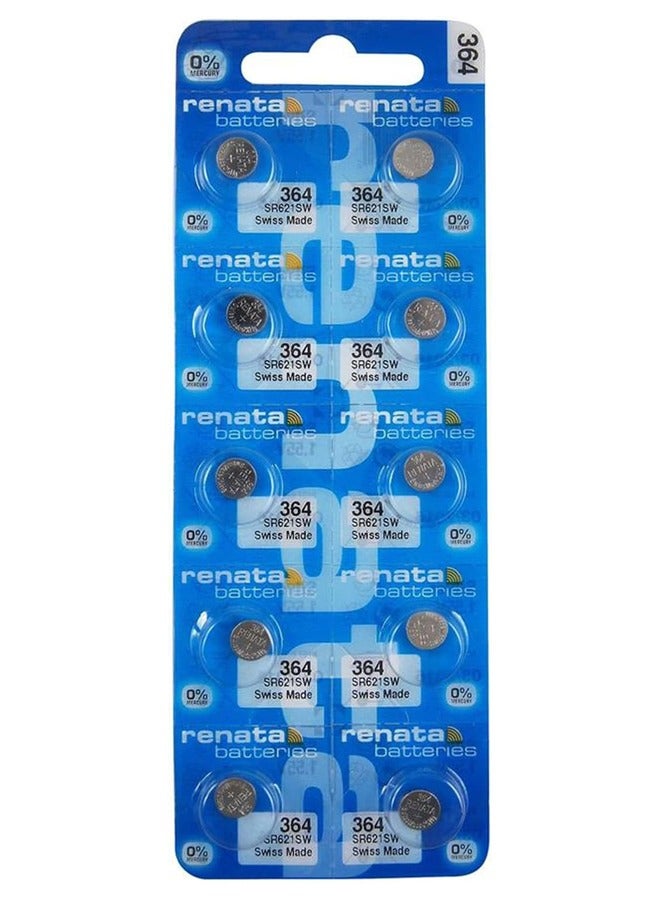 Renata wristwatch battery - Swiss made, 1.55V button cell, Renata Long Life Battery, Strap (10 pcs) 364-3, SR621SW - Image 1
