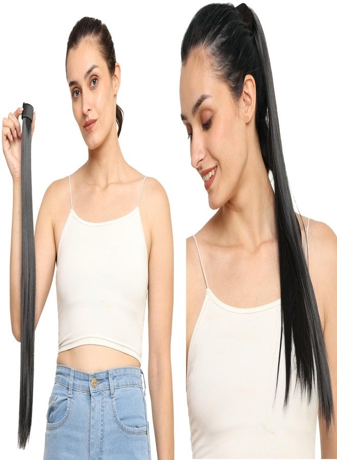 BeatStock Wrap Around Ponytail Hair Extension, Clip-In Full Length 24 inch Synthetic Hair in Black Color - Image 1