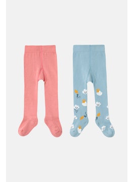 Tchibo Kids Girl 2 Pieces Solid And Printed Tights, Light Blue  - Image 2