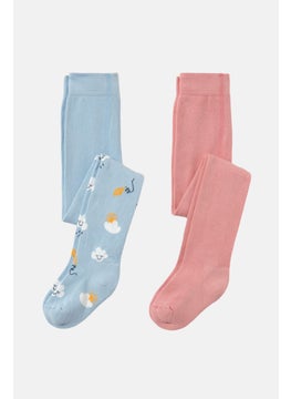 Tchibo Kids Girl 2 Pieces Solid And Printed Tights, Light Blue  - Image 3
