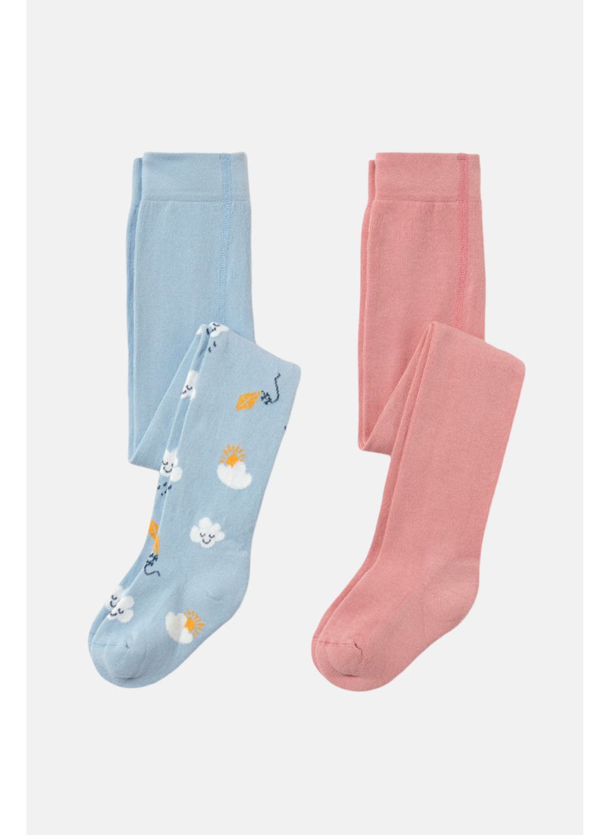 Tchibo Kids Girl 2 Pieces Solid And Printed Tights, Light Blue  - Image 3