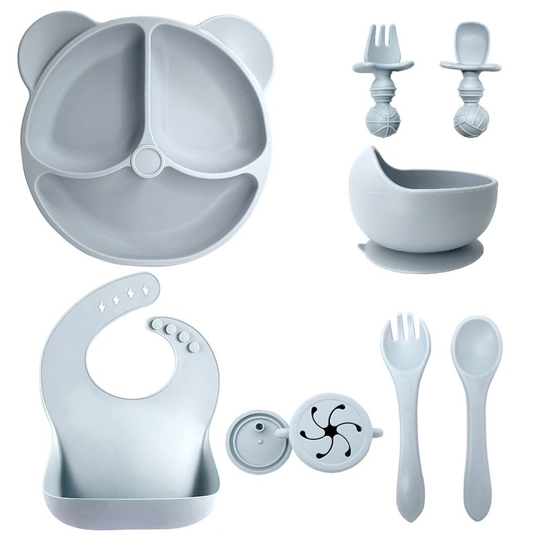 Silicone Baby Dining Set Soft Bib Bowl Spoon Grey 10 pieces-bear plate + snail bowl +2 in 1 cup + Bib + long fork spoon + spherical short fork spoon