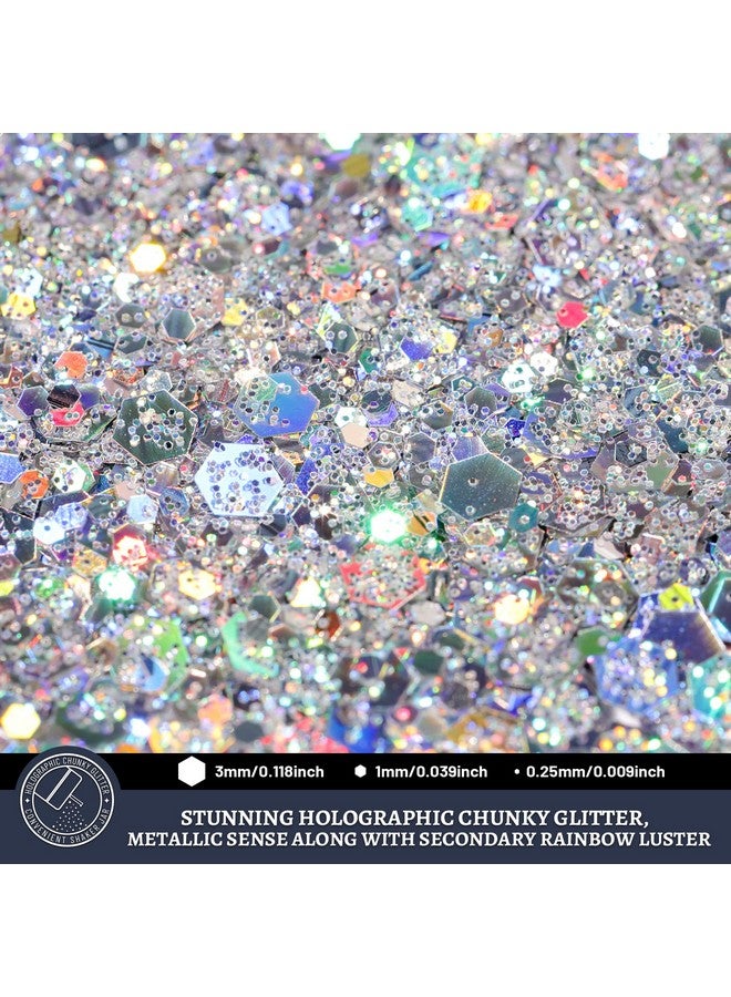 LEOBRO Glitter 160G/5.64Oz Silver Glitter Holographic Chunky Glitter Craft Glitter For Resin Metallic Iridescent Glitter Silver Chunky Glitter Sequins Flakes Resin Glitter - Image 3