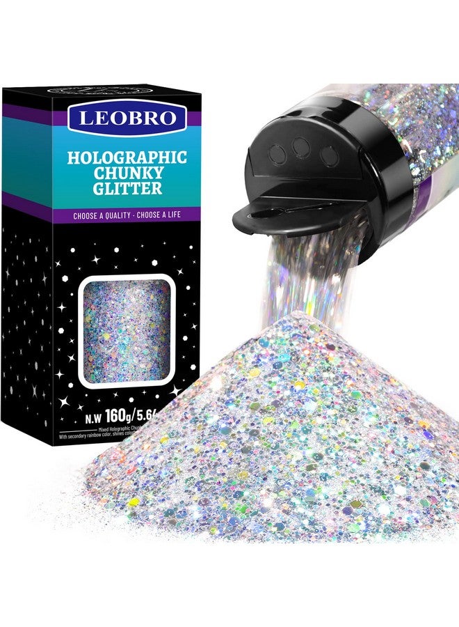 LEOBRO Glitter 160G/5.64Oz Silver Glitter Holographic Chunky Glitter Craft Glitter For Resin Metallic Iridescent Glitter Silver Chunky Glitter Sequins Flakes Resin Glitter - Image 1