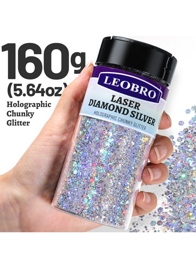 LEOBRO Glitter 160G/5.64Oz Silver Glitter Holographic Chunky Glitter Craft Glitter For Resin Metallic Iridescent Glitter Silver Chunky Glitter Sequins Flakes Resin Glitter - Image 2