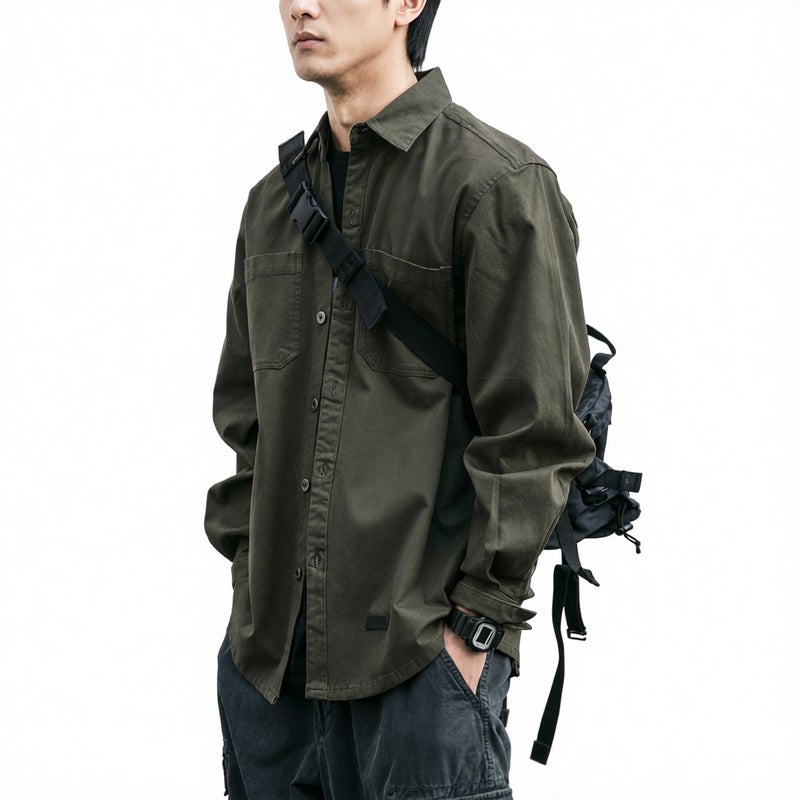 Retro Workwear Long Sleeve Shirt with Pockets Casual Loose Fit Men's Outerwear - Image 1