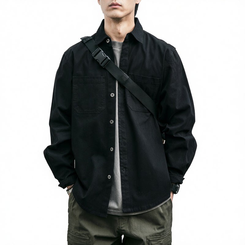 Retro Workwear Long Sleeve Shirt with Pockets Casual Loose Fit Men's Outerwear - Image 2