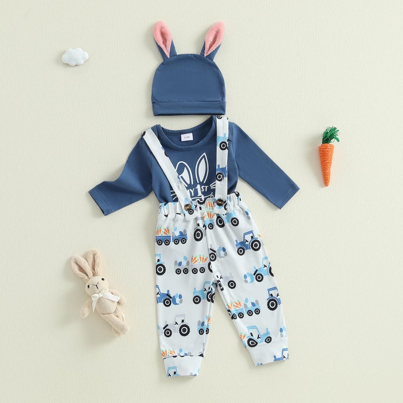 DNOMAID YZARC My First Easter Baby Boy Outfit Bunny Letter Print Long Sleeve Romper Suspender Pants Overalls Hat Clothes Set (Blue, 0-3 Months) - Image 2