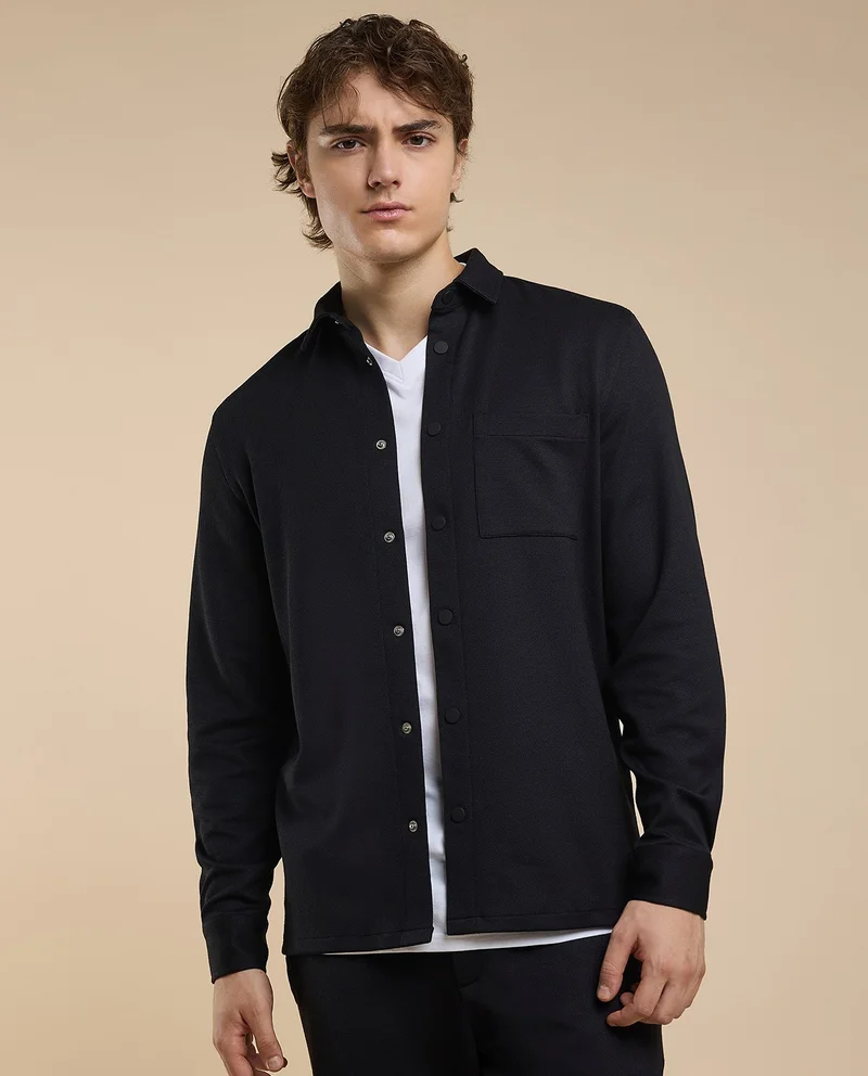 أر أند بي Solid Shirt with Classic Collar and Long Sleeves